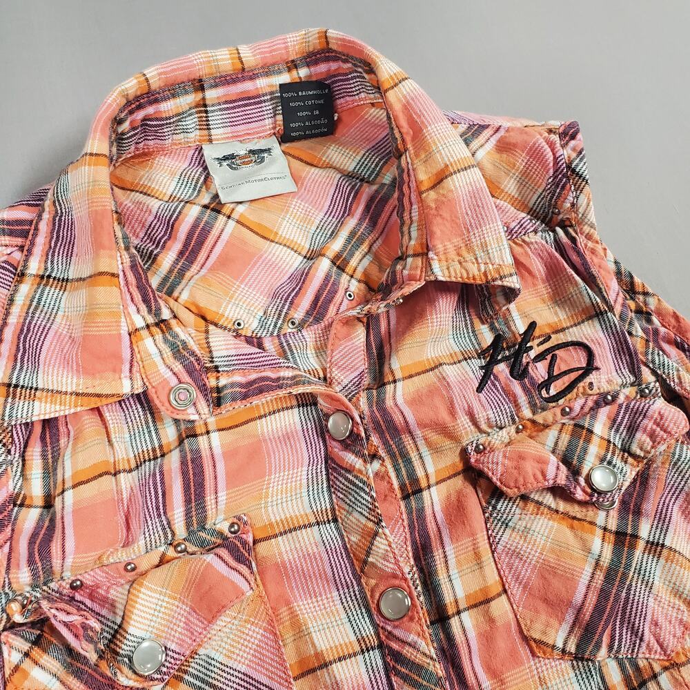 Harley Davidson Womens Sleeveless Plaid Pearl Snap Shirt Size Medium Embroidered